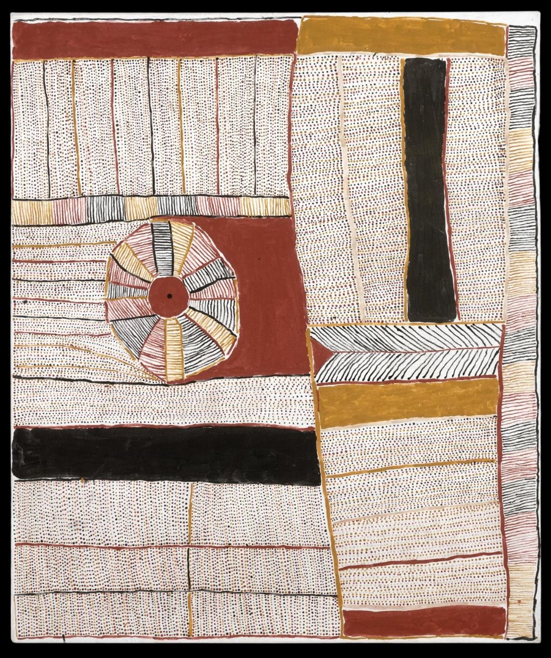 Abstract Tiwi jilamara painting on canvas by Kitty Kantilla featuring ceremonial dot patterns, concentric circle motifs, ochre blocks, and fine linear designs in traditional Tiwi colours.