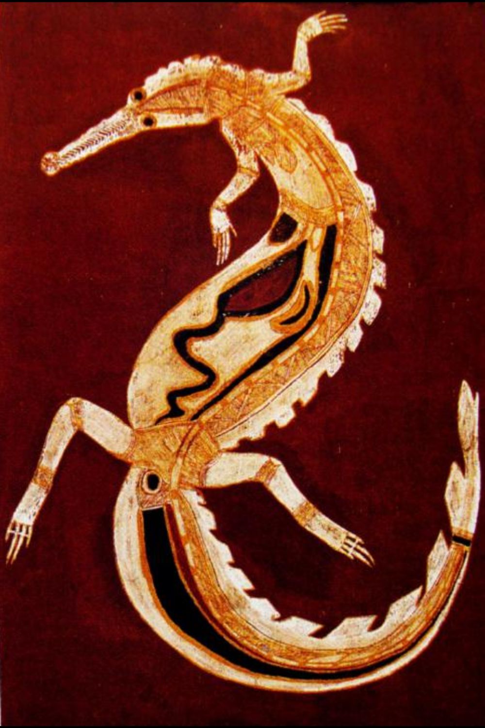 Aboriginal bark painting of a freshwater crocodile in western Arnhem Land X-ray style by Lofty Nadjamerrek