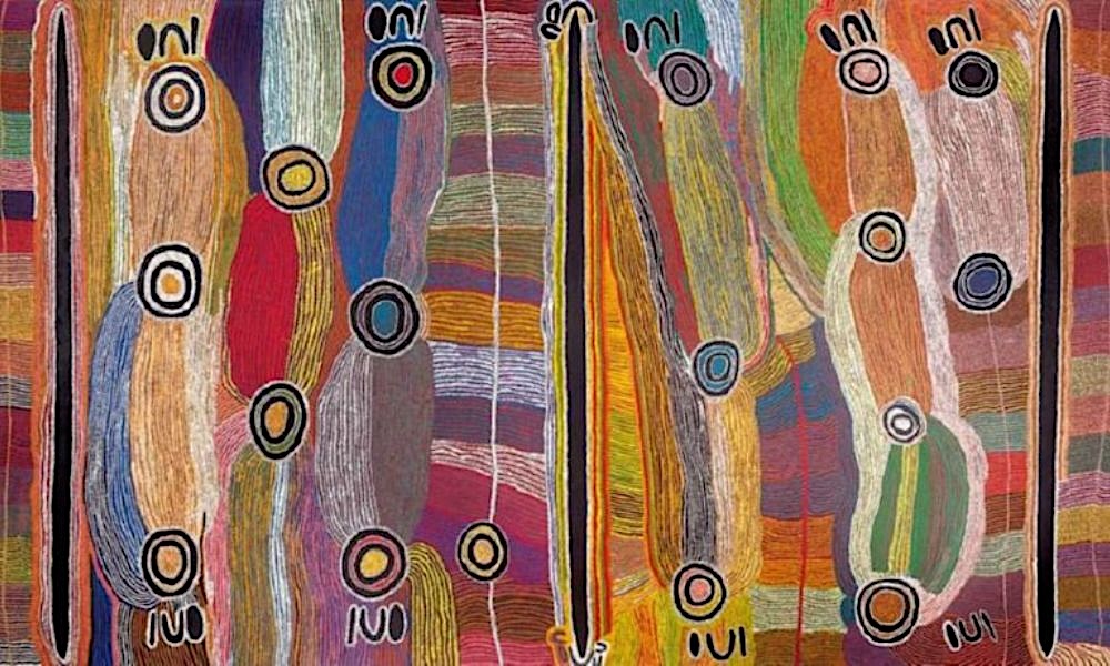 Colourful Warlpiri painting by Maggie Watson Napangardi depicting Digging Stick Dreaming with elongated ancestral forms, concentric circles, and layered flowing linework.