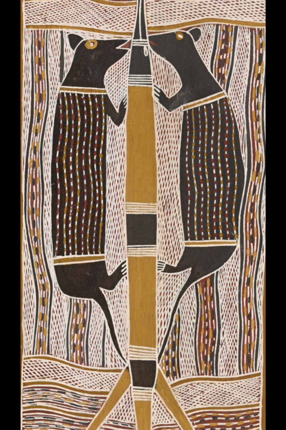 Yolŋu bark painting of possums from the Marŋu marngu Possum Dreaming story with sacred clan designs and possum string motifs from Yirrkala Arnhem Land