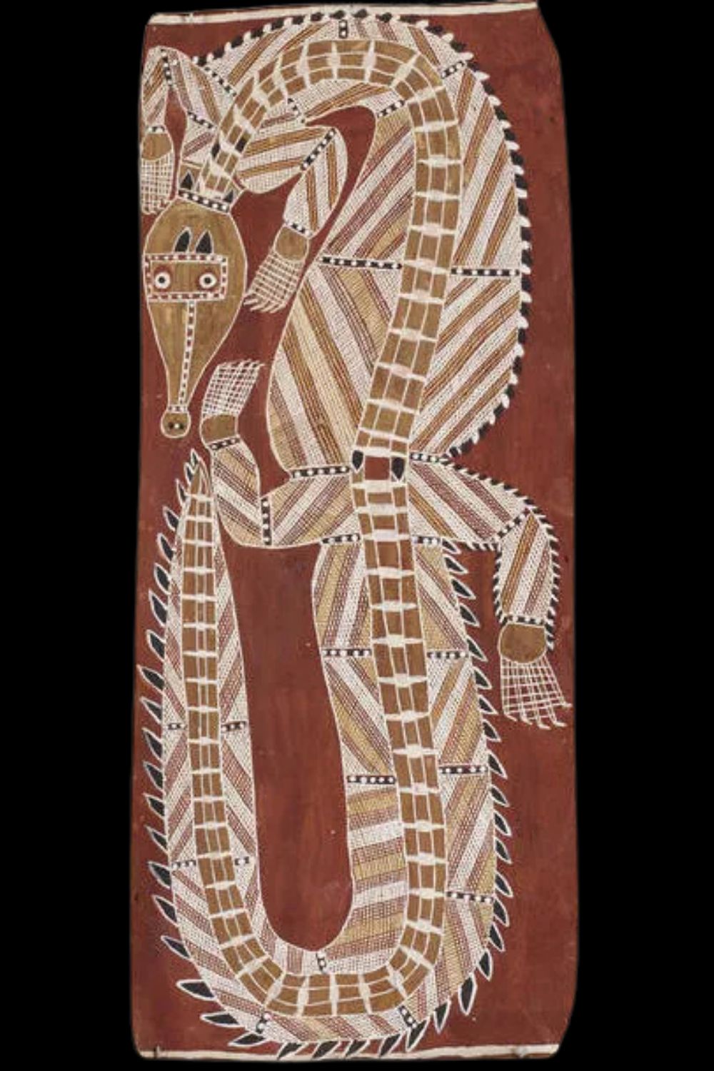 Aboriginal bark painting of Namanjwarre the saltwater crocodile by Yirawala associated with the Mardayin ceremony in western Arnhem Land