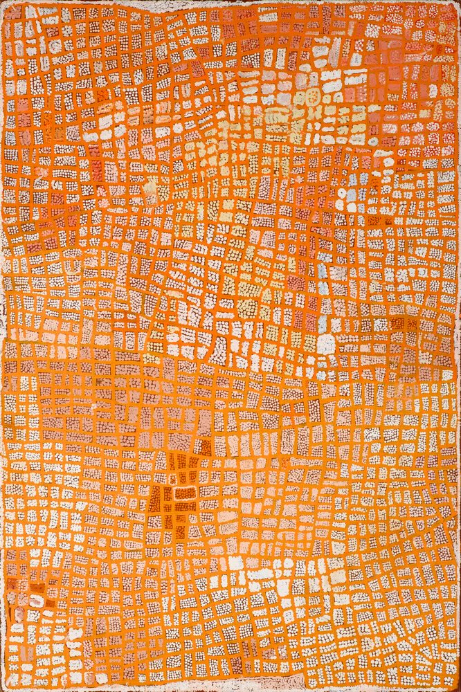 Naata Nungurrayi Marrapinti painting showing the refined geometric linework and ceremonial mapping associated with Pintupi art