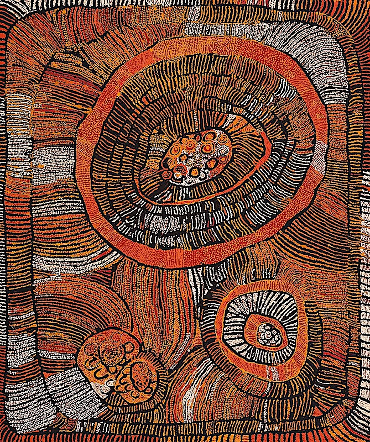 Naata Nungurrayi painting of the soakage water site of Unkunya, west of the Pollock Hills in Western Australia