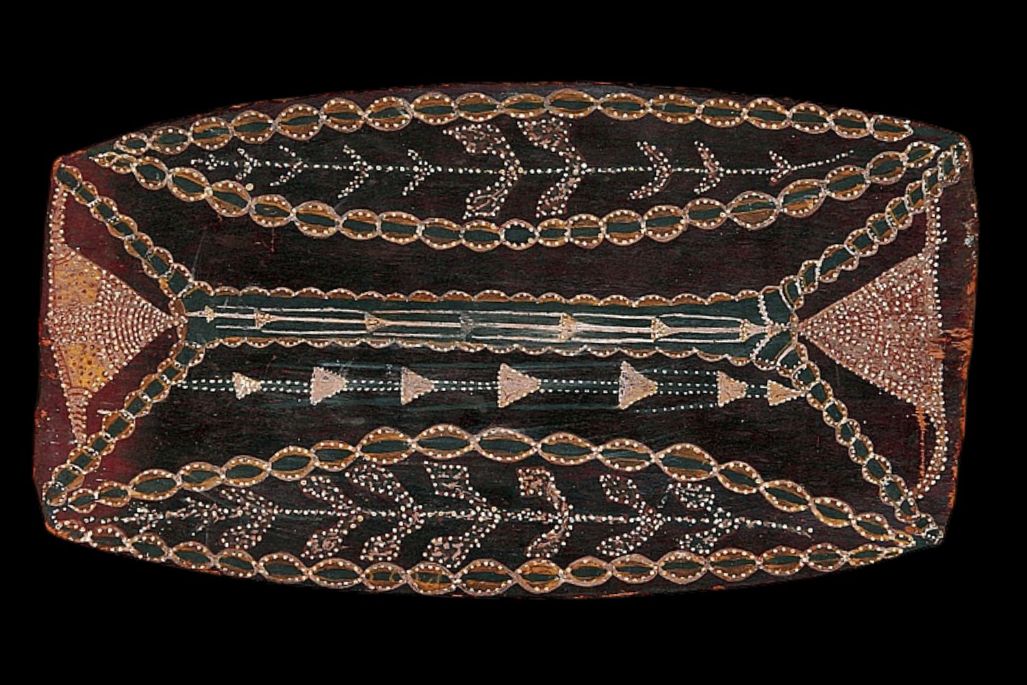 Abstract ceremonial bark painting by Nym Bunduk featuring geometric symbolic imagery and ochre patterning from the Port Keats tradition