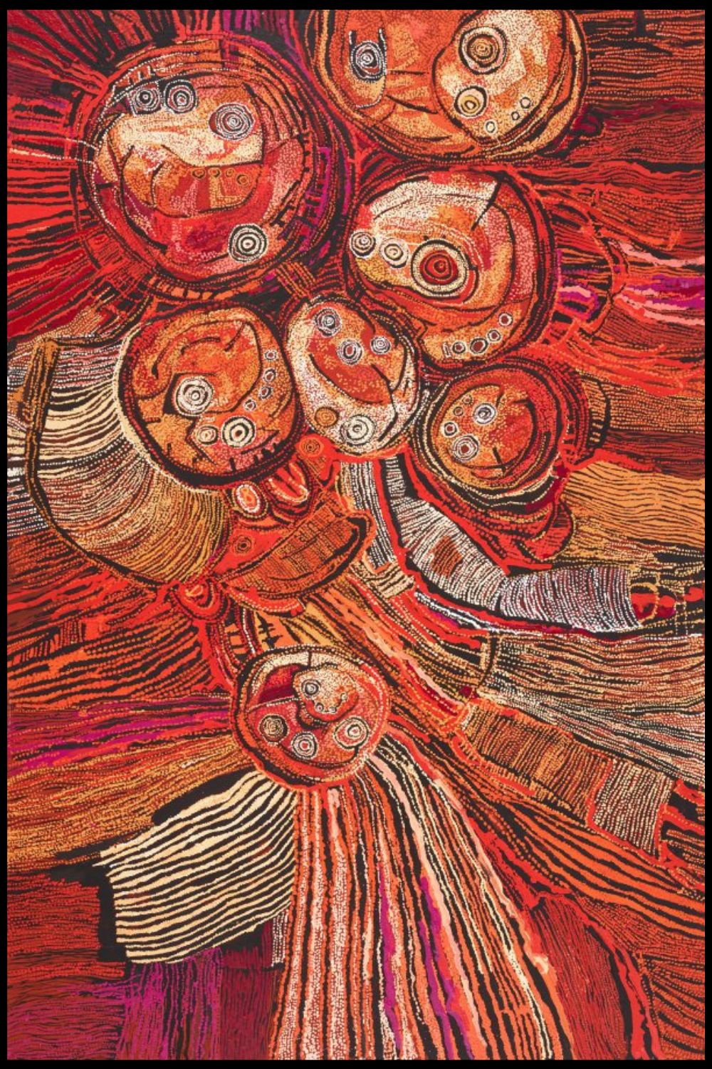 Painting by Nyunmiti Burton depicting the Seven Sisters Dreaming through interconnected circular forms, flowing desert pathways, and vibrant red, orange, pink, and white linework.