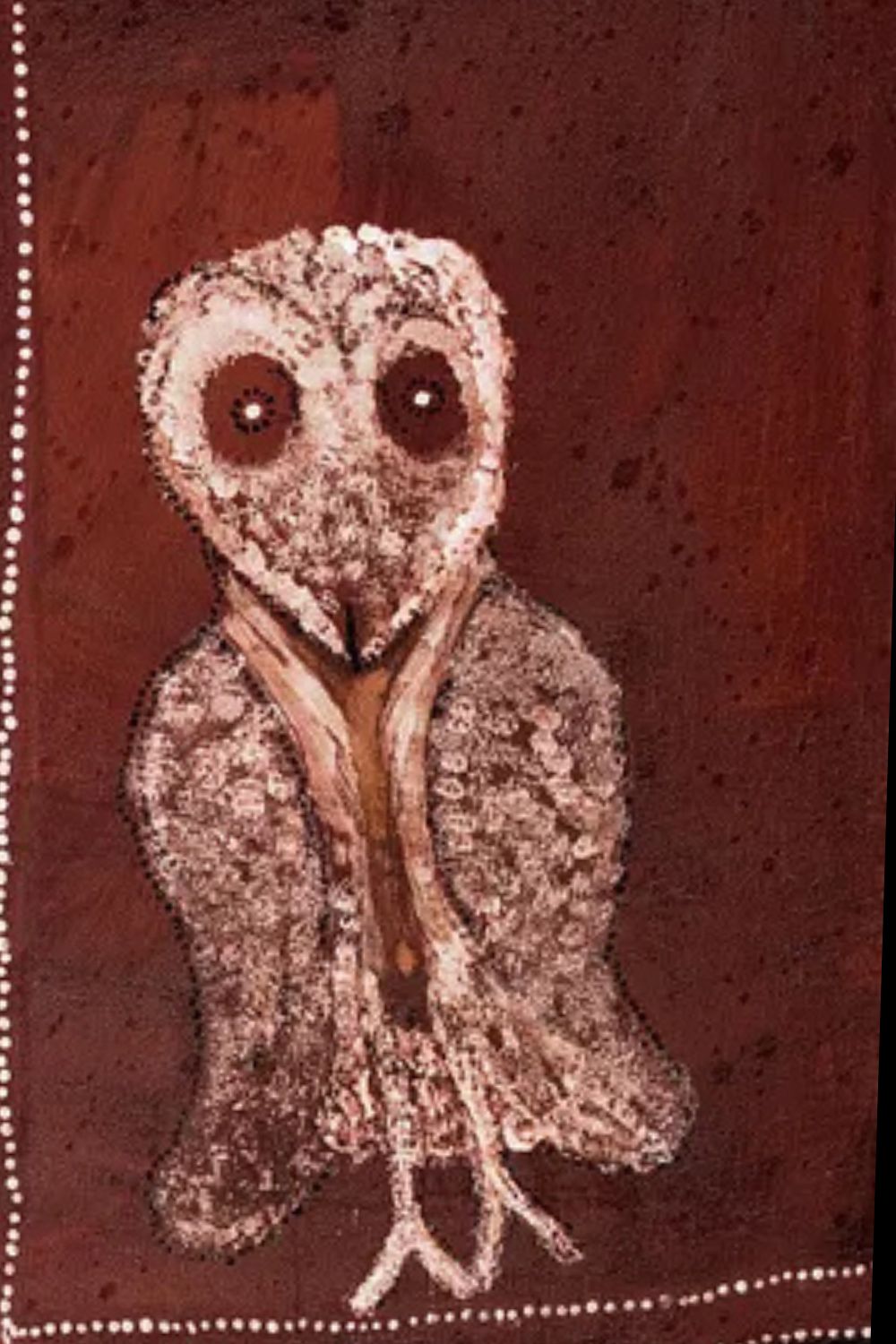 Aboriginal painting of an owl (Dumbiny) associated with Dreaming stories and moral law in East Kimberley art by Rover Thomas