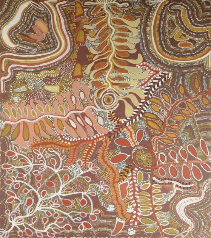 Ada Bird Petyarre Bush Yam Dreaming painting showing yam roots, seeds, ancestral pathways and symbolic desert landscape patterns