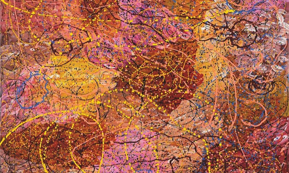 Painting by Gloria Petyarre featuring intricate layers of pink, ochre, yellow, black, and white brushwork representing Bush Medicine Dreaming and the movement of medicinal leaves across Country.