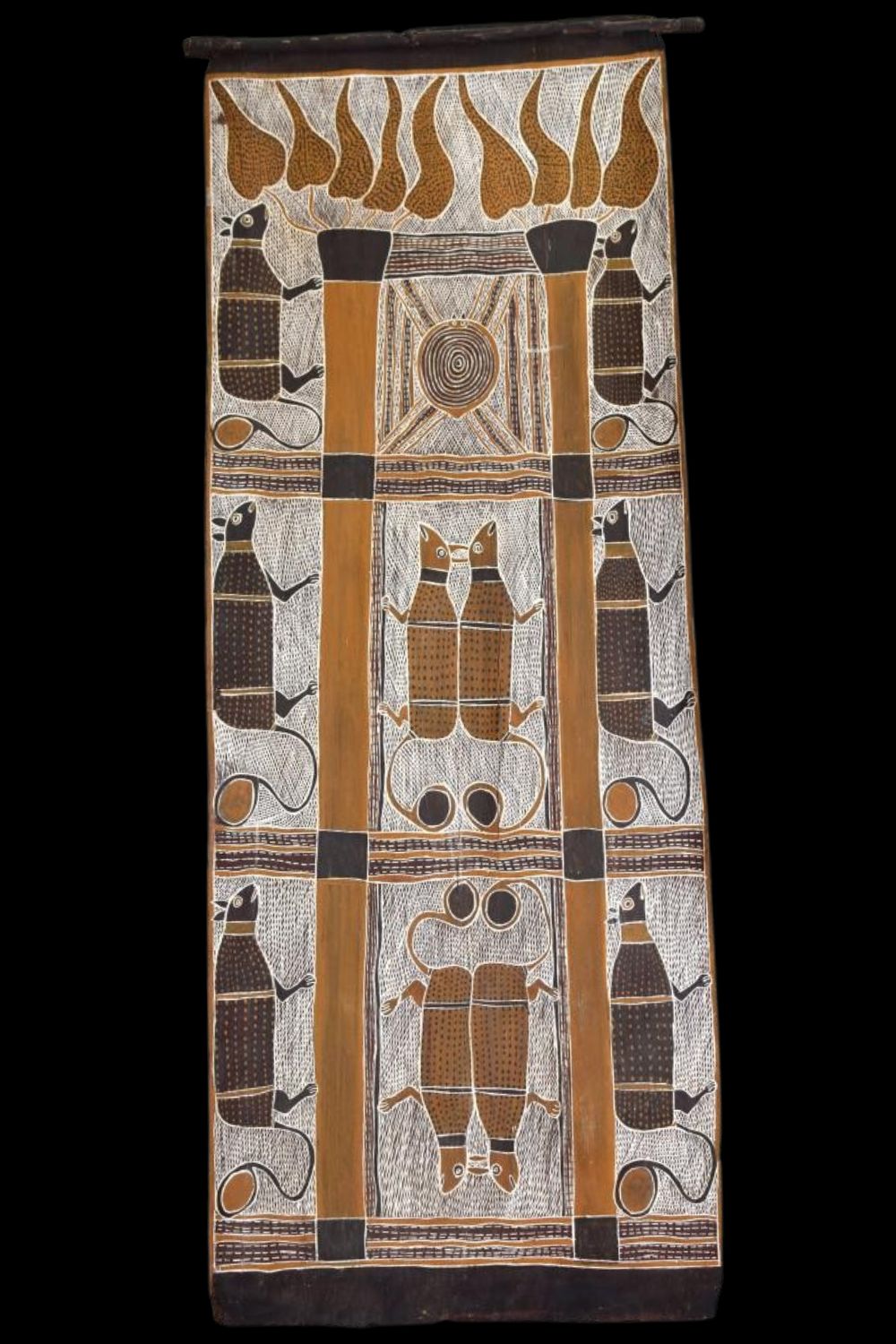 Possum tree dreaming bark painting by narritjun Maymura illustrating the possum tree dreamtime story<br />
