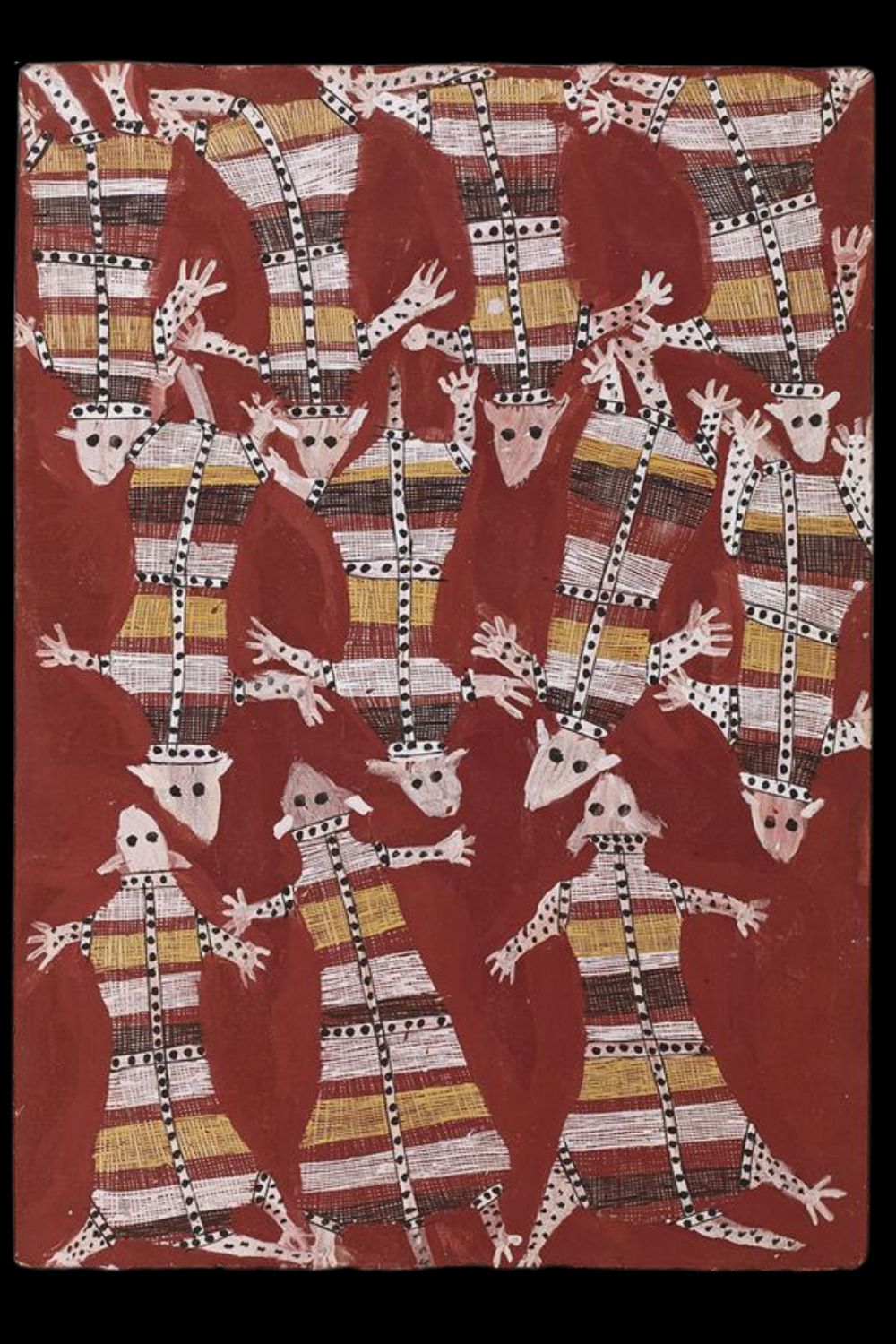 Aboriginal bark painting of flying sugar gliders by Mick Kubarrku from western Arnhem Land