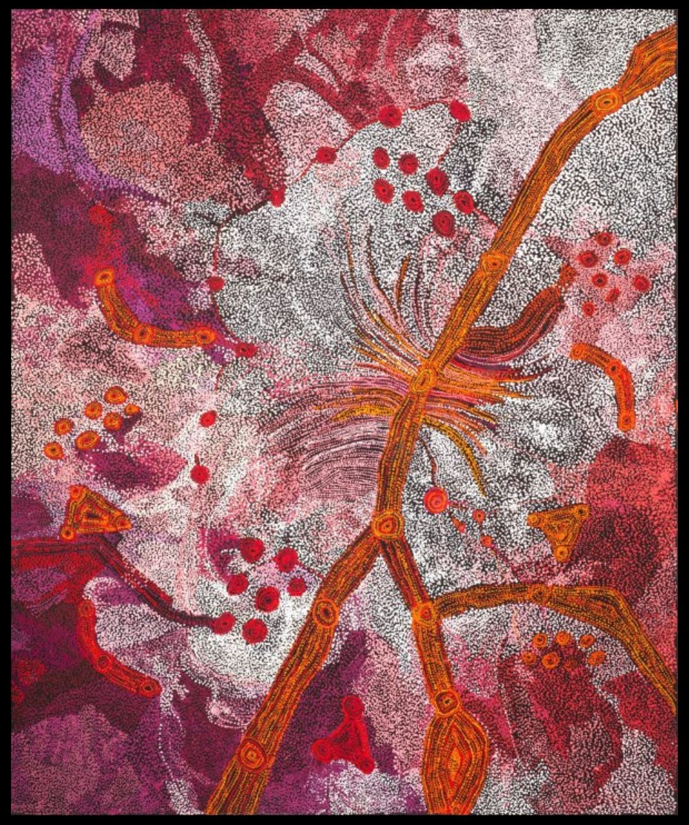 Painting by Sylvia Ken featuring vibrant pink, purple, white, and orange dot work depicting sacred sites, ancestral pathways, and the Seven Sisters Dreaming across the APY Lands.
