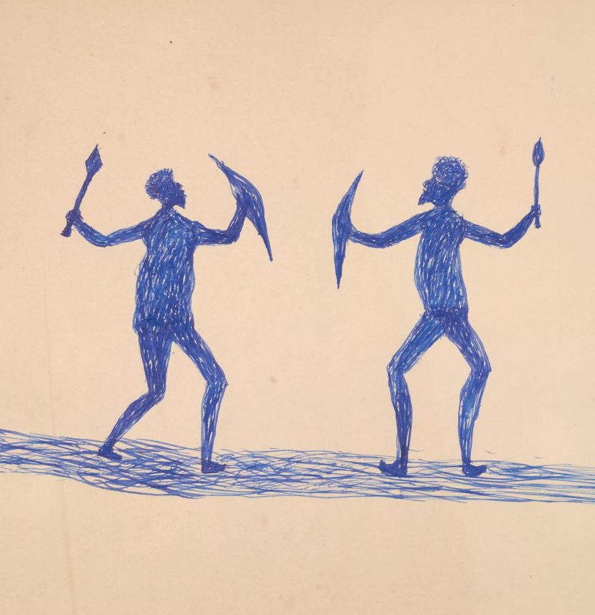 Aboriginal drawing by Tommy McRae showing aboriginals fighting with clubs and shields