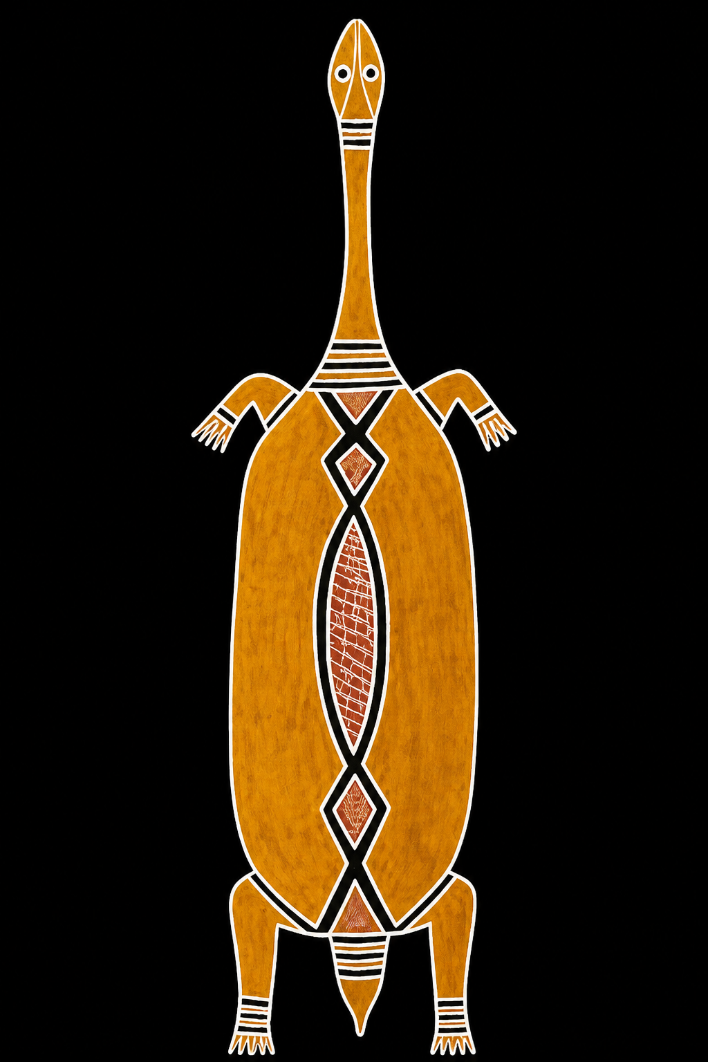 Aboriginal turtle painting with diamond clan designs inspired by the Yolngu artist Garrawin Gumana