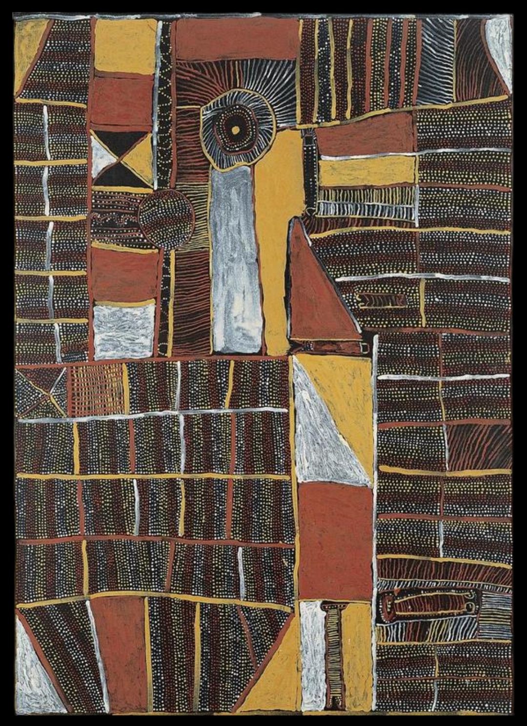 Large abstract Tiwi canvas painting by Kitty Kantilla featuring geometric jilamara designs, dotted ceremonial patterns, concentric circles, and ochre colour fields in black, white, yellow, and red.