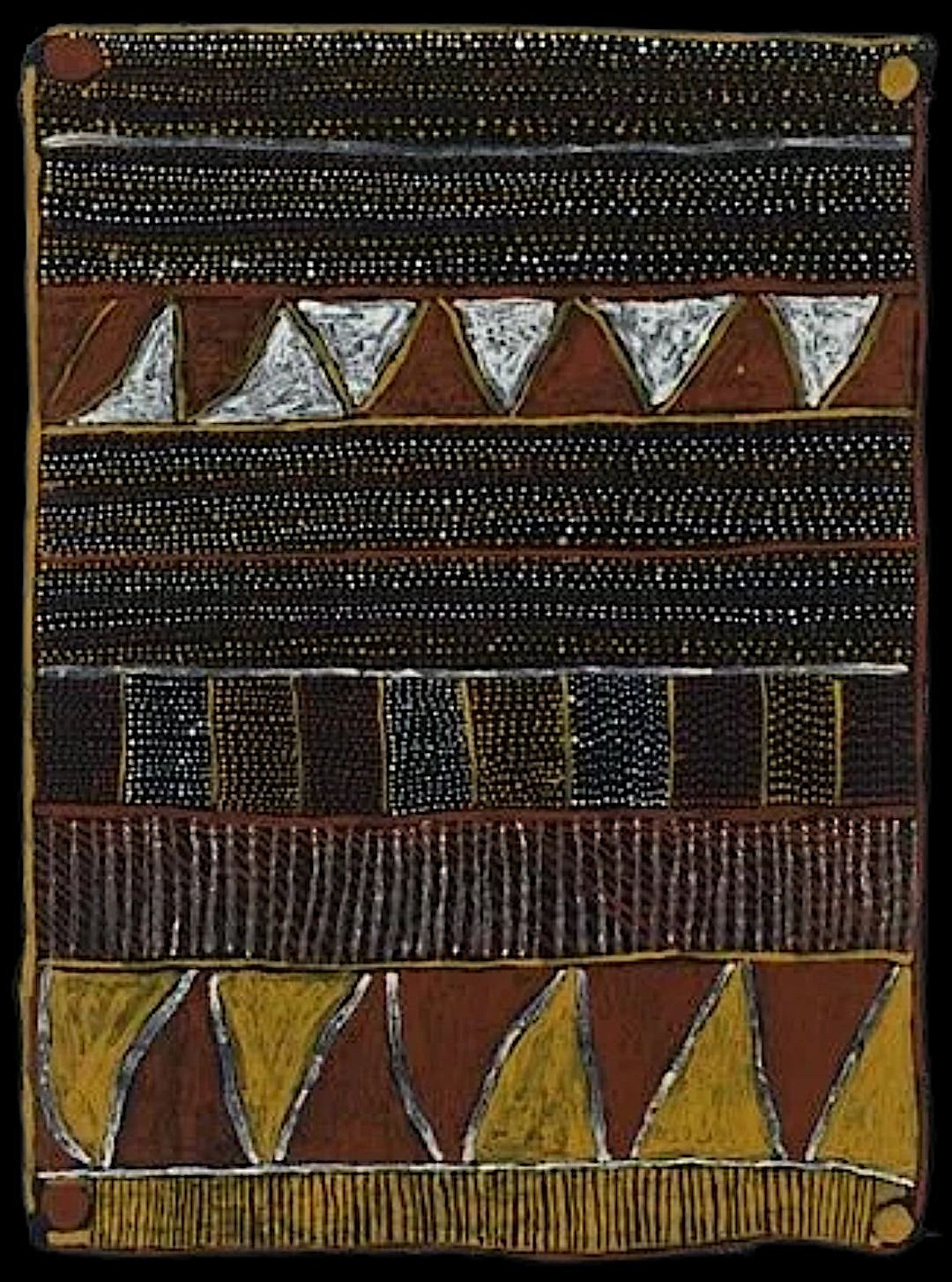 Abstract Tiwi jilamara painting by Kitty Kantilla (Kutuwulumi Purawarrumpatu) featuring horizontal ceremonial bands, geometric triangles, fine dotting, and ochre designs in black, white, red, and yellow.