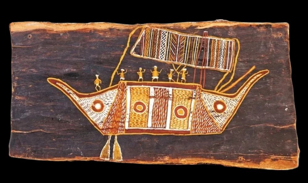 Groote Eylandt bark painting by Minimini Numalkiyiya Mamarika depicting a Macassan prau with figures aboard in the Anindilyakwa style