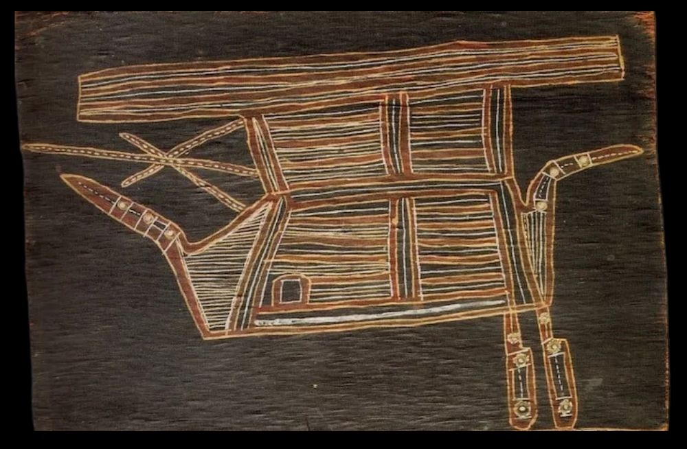 Groote Eylandt bark painting by Wurrumara Barumba depicting a Macassan prau on a black background in the Anindilyakwa style