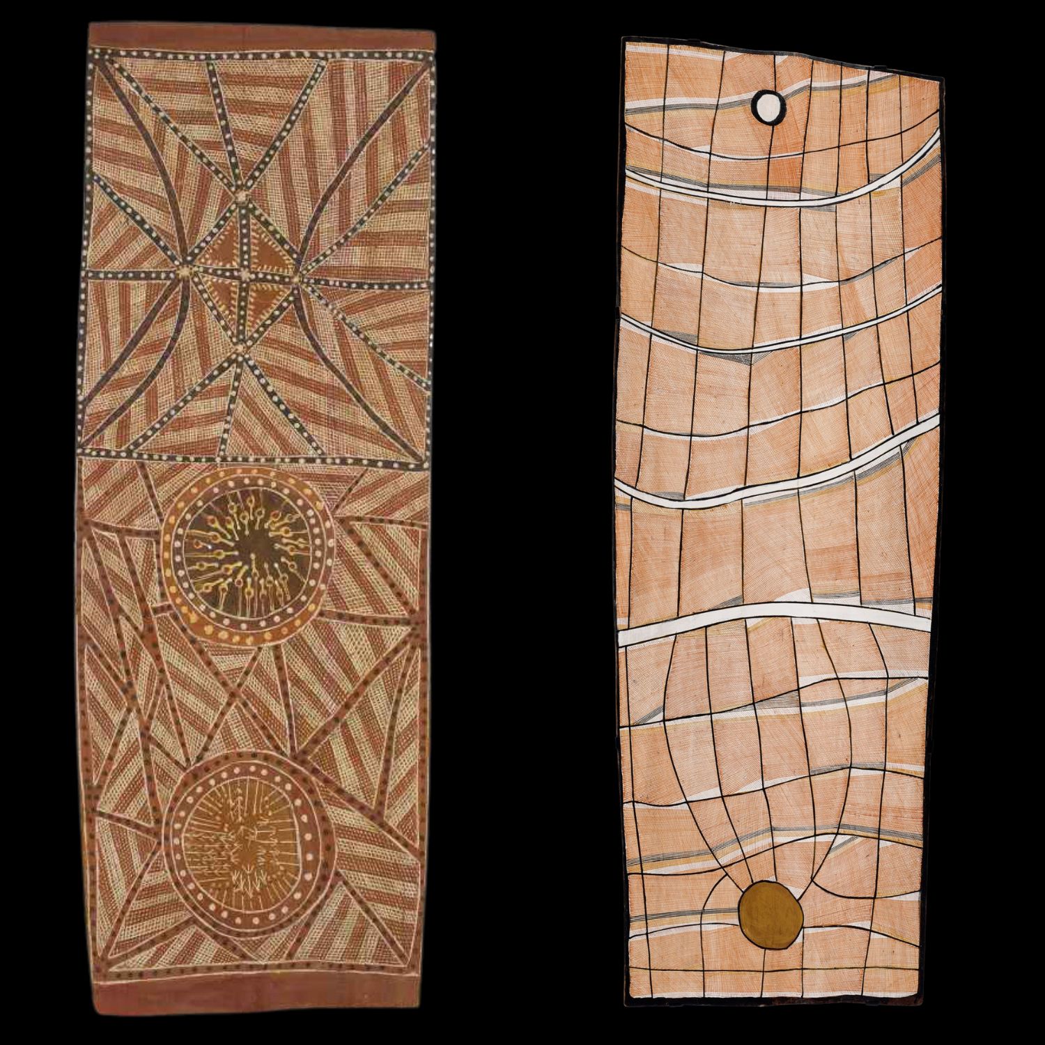 Comparison between bark paintings by Yirawala and John Mawurndjul showing the evolution of western Arnhem Land rarrk from structured sacred geometry to flowing abstract ceremonial patterning.