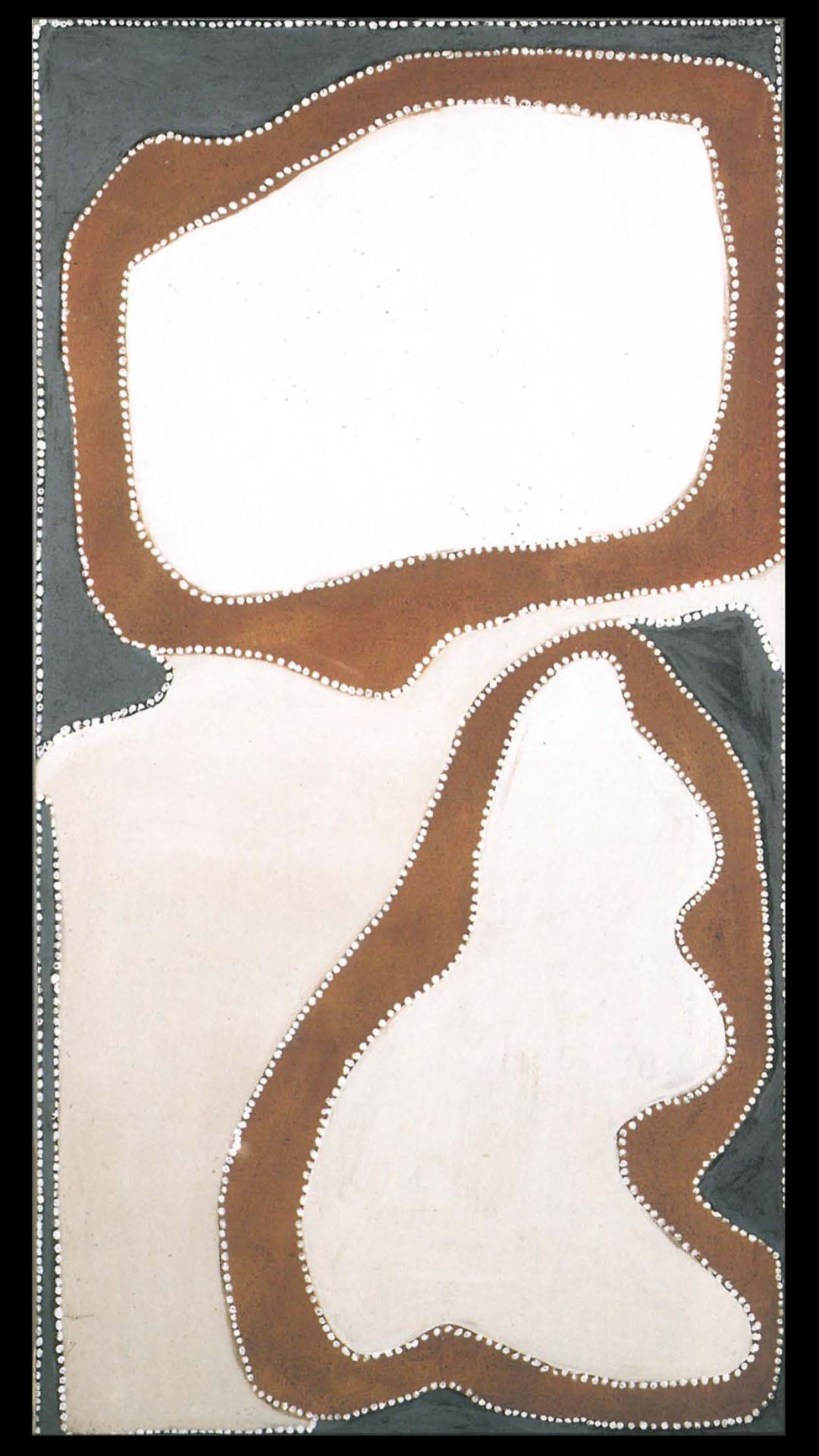 Rover Thomas ochre painting Bedford Downs Massacre depicting the Kimberley massacre site through aerial landscape abstraction and white dotted ceremonial outlines.