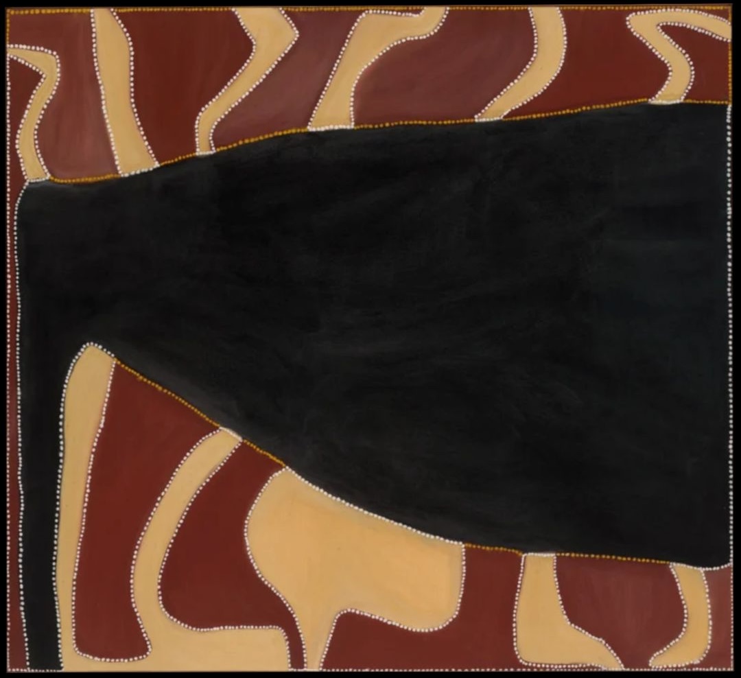 Rover Thomas ochre painting Cyclone Tracy depicting the destruction of Darwin through abstract aerial landscape forms and black ceremonial imagery.
