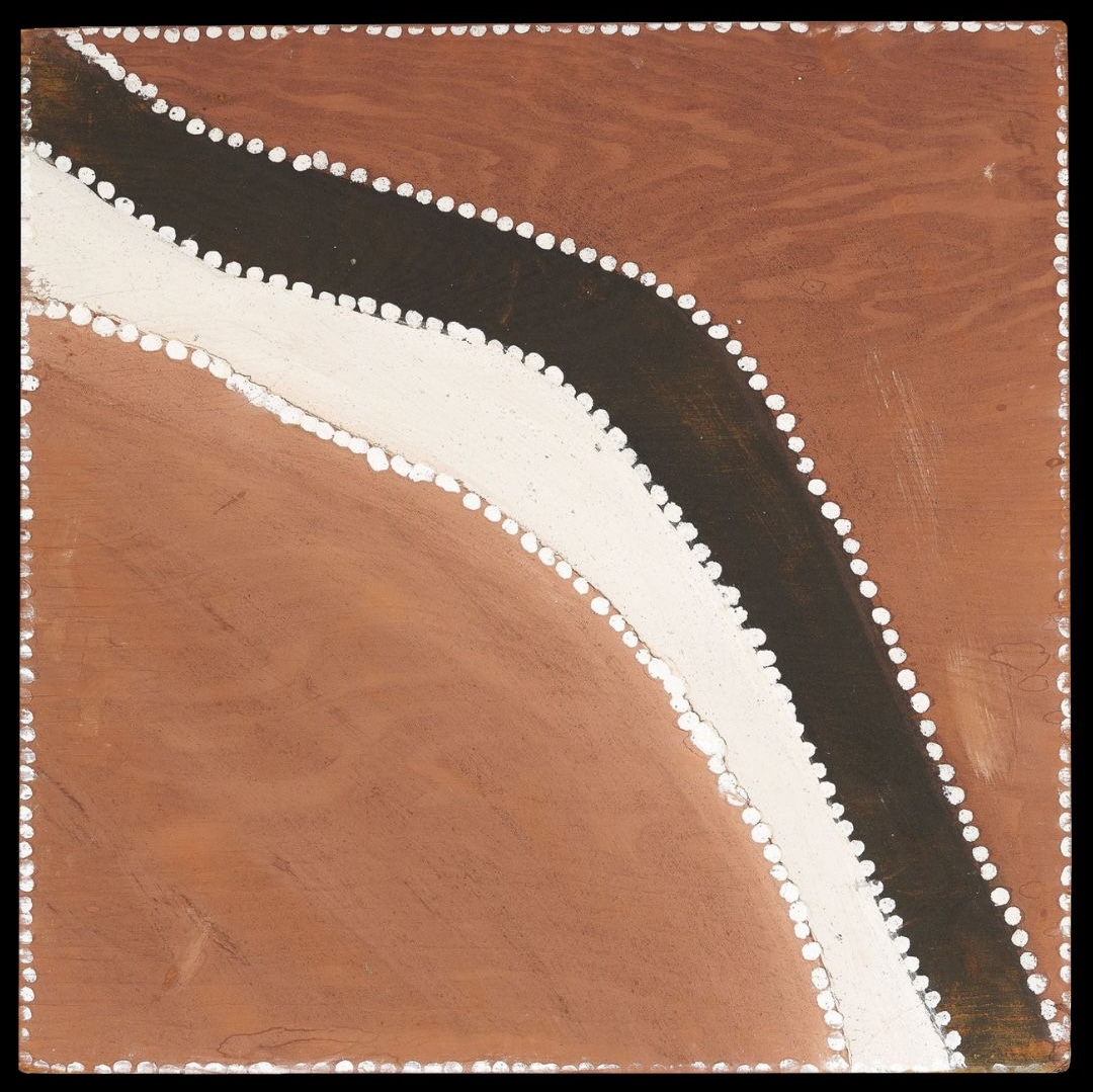 Rover Thomas ochre painting Roads Cross depicting intersecting Kimberley roads through minimalist aerial landscape abstraction and white dotted ceremonial outlines