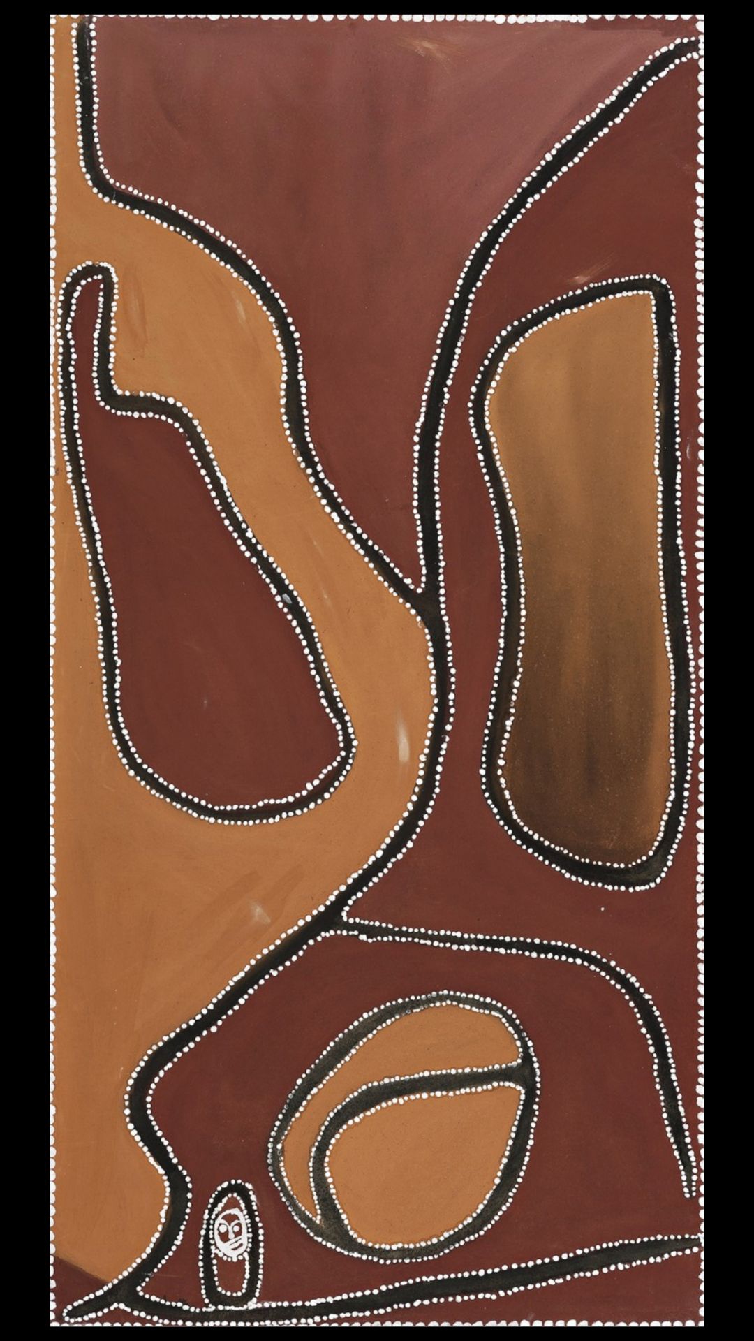 Rover Thomas ochre painting Camp at Mistake Creek depicting Kimberley landscape and ceremonial geography through aerial abstraction and white dotted outlines.