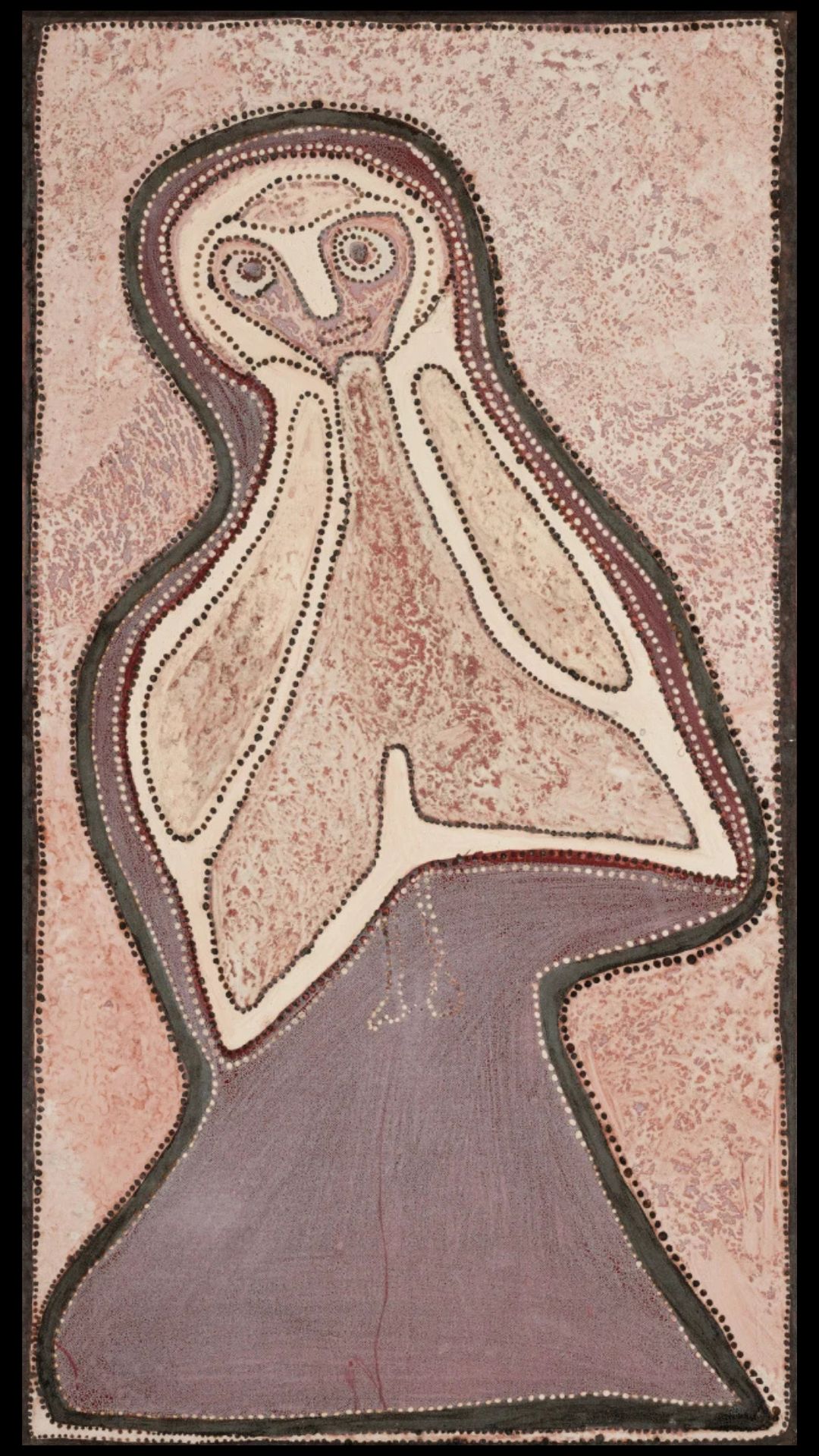 Rover Thomas ochre painting Two Men Dreaming depicting an ancestral spirit figure through East Kimberley ceremonial imagery and white dotted outlines.