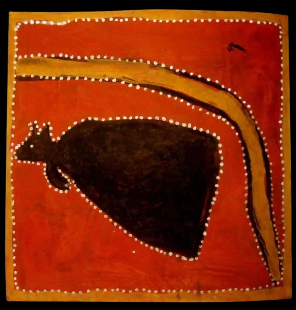 Ochre painting by Paddy Jaminji depicting Tawurr, the ancestral half-kangaroo spirit associated with the Krill Krill ceremony.