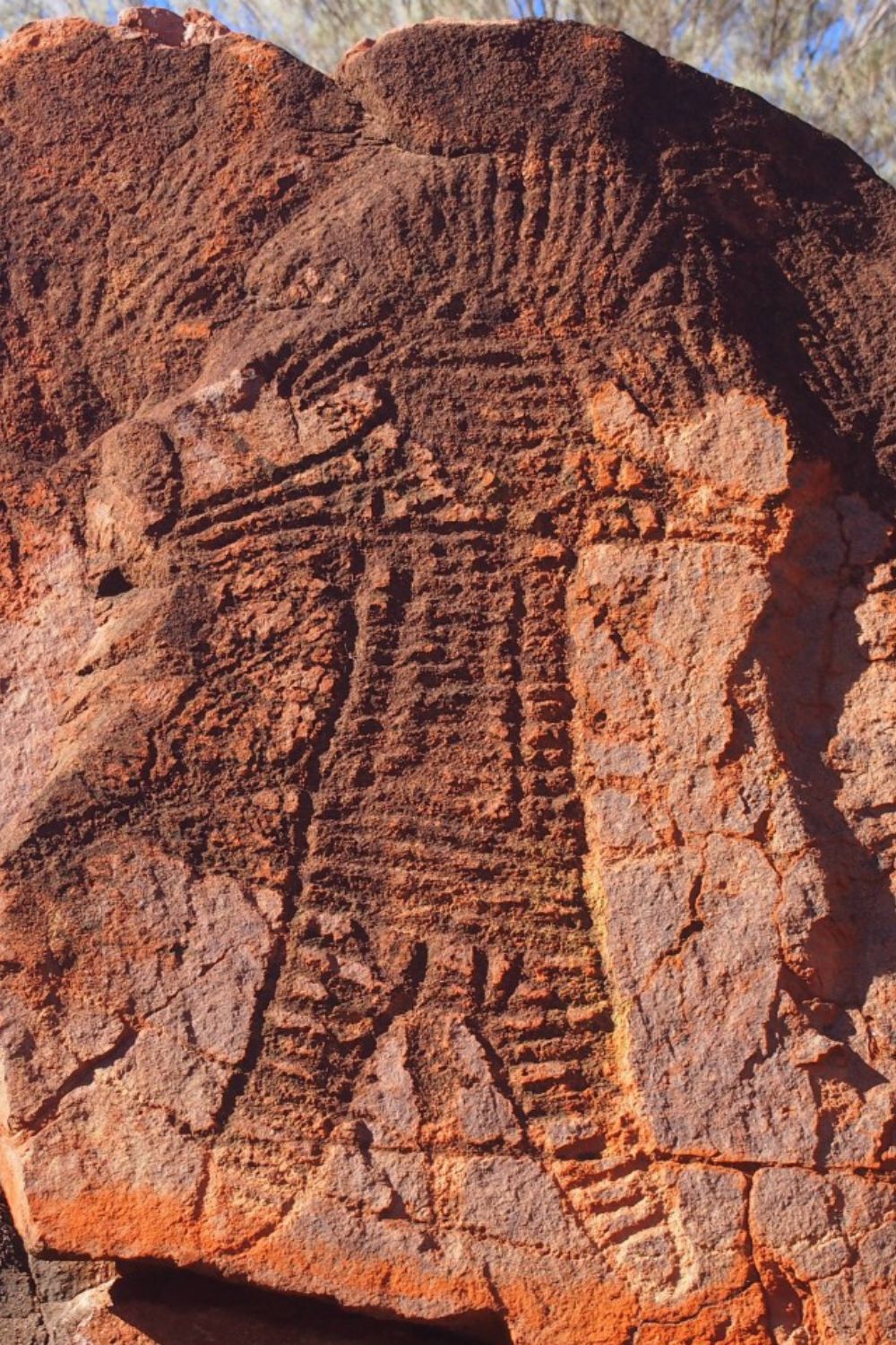 Large anthropomorphic Murujuga rock engraving carved into stone on the Burrup Peninsula in Western Australia.