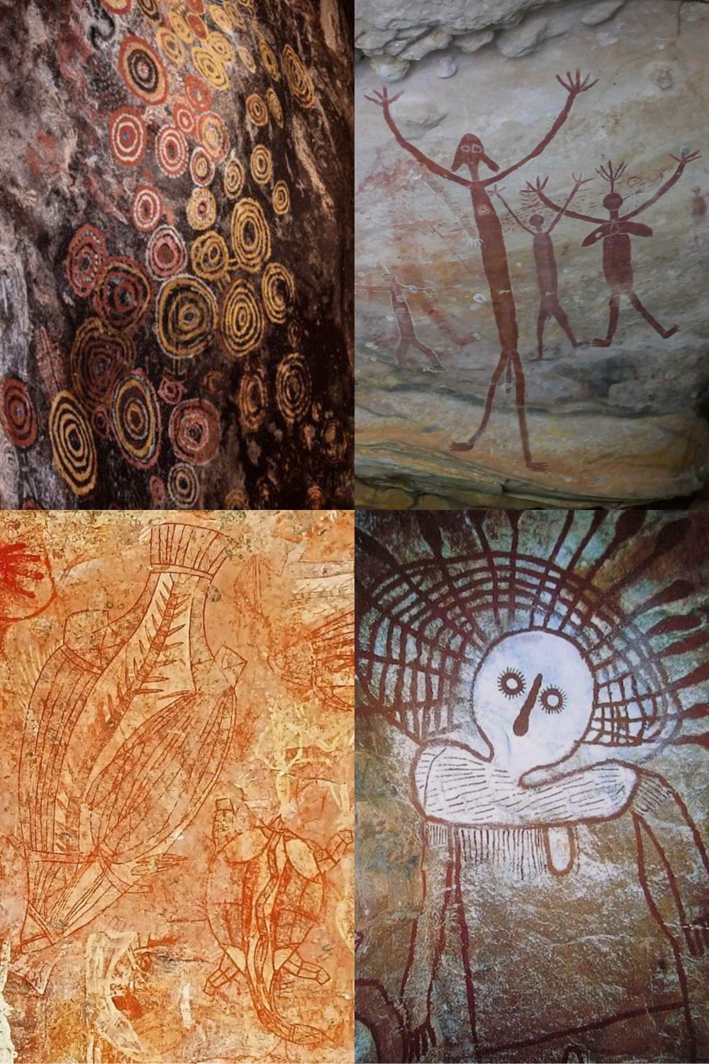 Comparison image showing four major Aboriginal rock painting traditions in Australia including Central Australian concentric circle motifs, Quinkan spirit figures, Arnhem Land X-ray art, and Kimberley Wandjina painting.