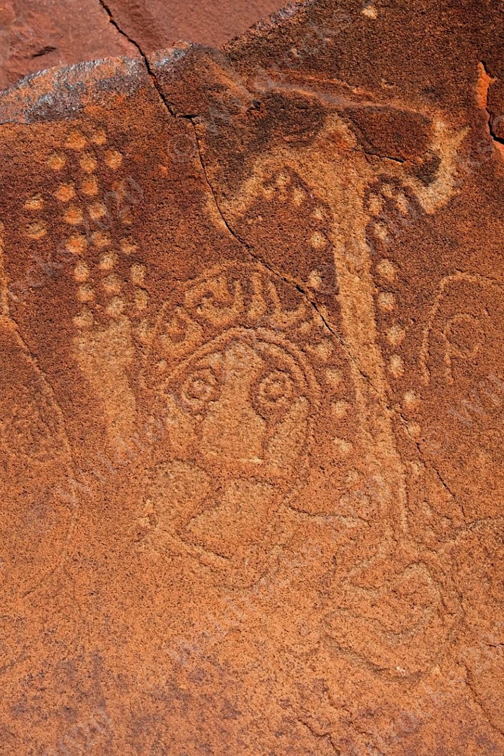 Ancient Aboriginal petroglyph engraved into iron-rich rock surface at Murujuga in the Pilbara region of Western Australia