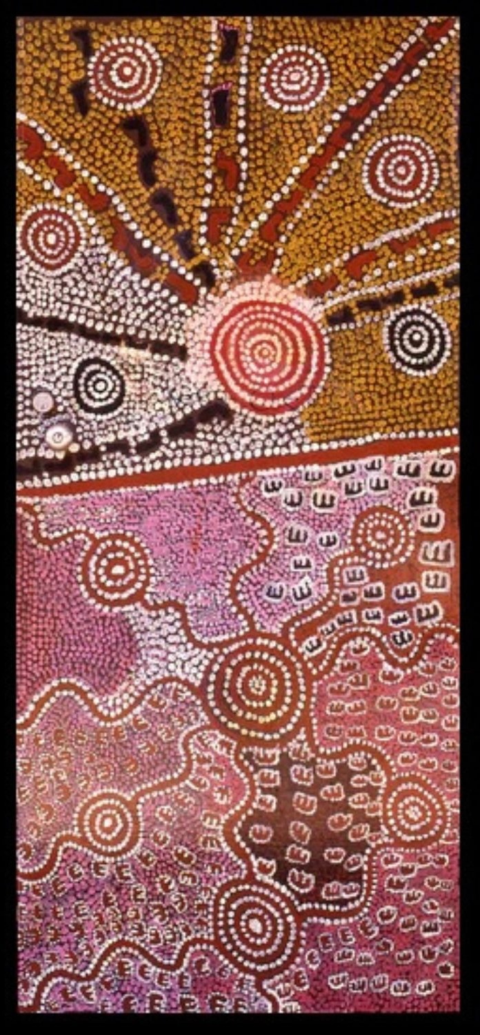 Detail of a Yuendumu Doors painting featuring Warlpiri ceremonial symbols, concentric circles, pathways, and dot patterns associated with Jukurrpa Dreaming narratives.