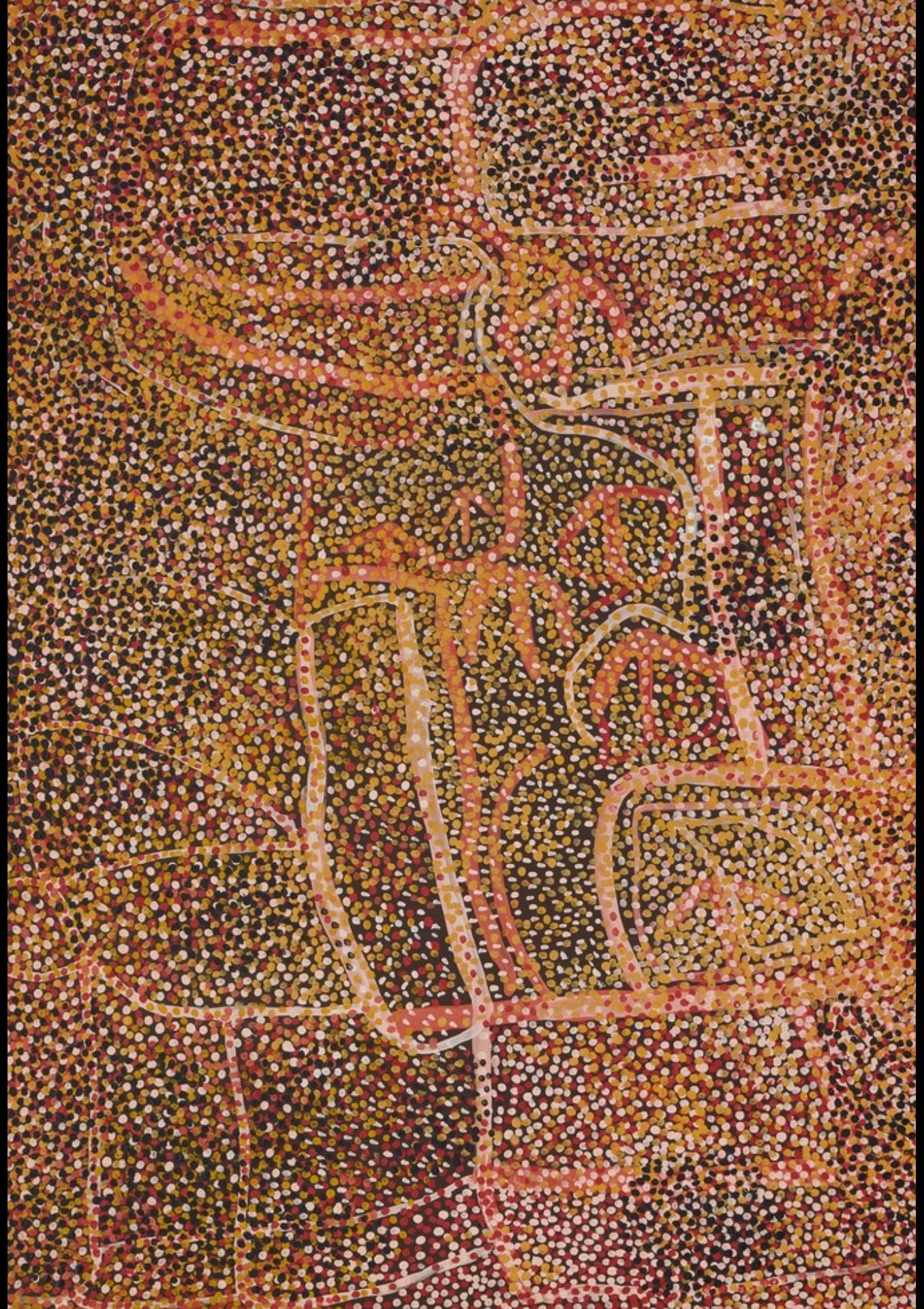 Early Utopia Art painting by Emily Kame Kngwarreye depicting the Old Man Emu Dreaming using ceremonial dotting and ancestral pathways from Alhalkere Country in Central Australia