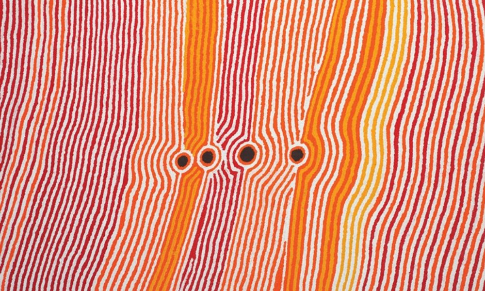 Balgo painting by Helicopter Tjungurrayi featuring rhythmic ceremonial pathways and linear desert movement