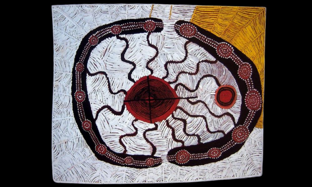 Early Papunya board painting by Old Walter Tjampitjinpa featuring concentric circles, ceremonial pathways, and symbolic desert iconography in ochre, white, black, and red.