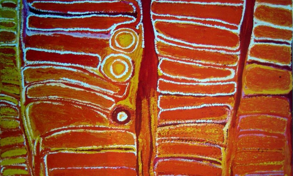 Balgo painting by Eubena Nampitjin depicting luminous sandhill country and ancestral desert landscape