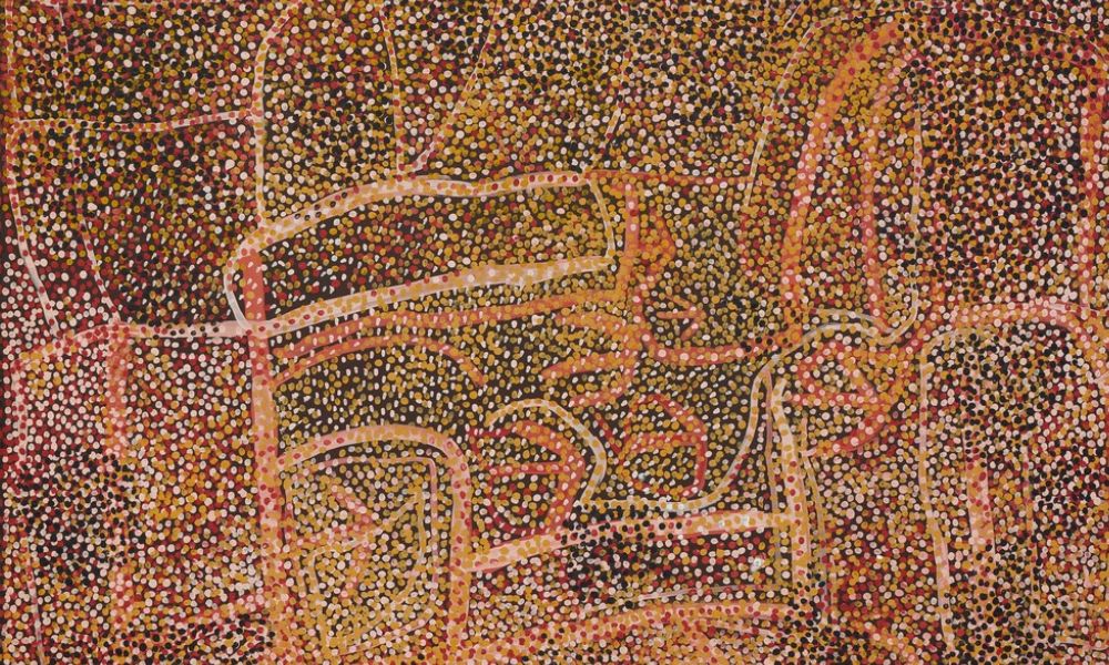 Western Desert Art painting by Emily Kame Kngwarreye featuring dense layers of colourful dotting and abstract ceremonial forms from the Utopia region.