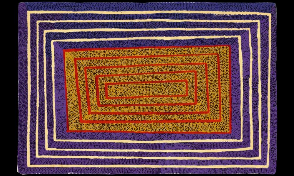 Balgo painting by Boxer Milner featuring geometric ceremonial forms and concentric desert symbolism