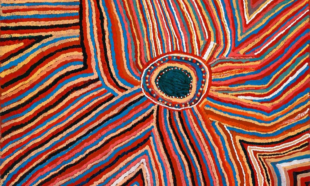 Balgo painting by Susie Bootja Bootja Napaltjarri featuring vibrant ceremonial pathways and rhythmic desert abstraction