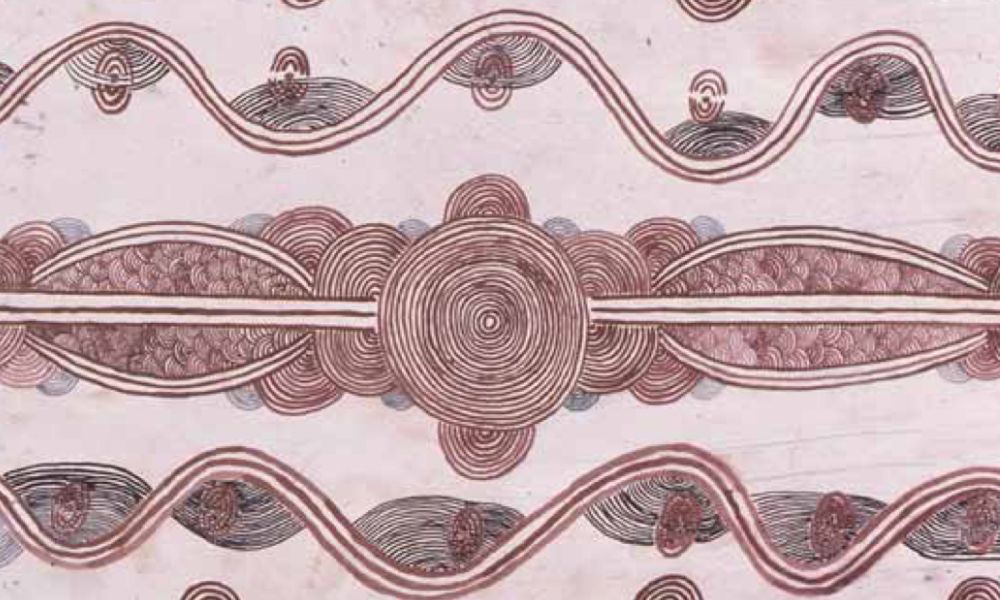 Early Papunya painting by Tim Leura with concentric ceremonial motifs and Tjuringa-like sacred designs from the Western Desert Art movement