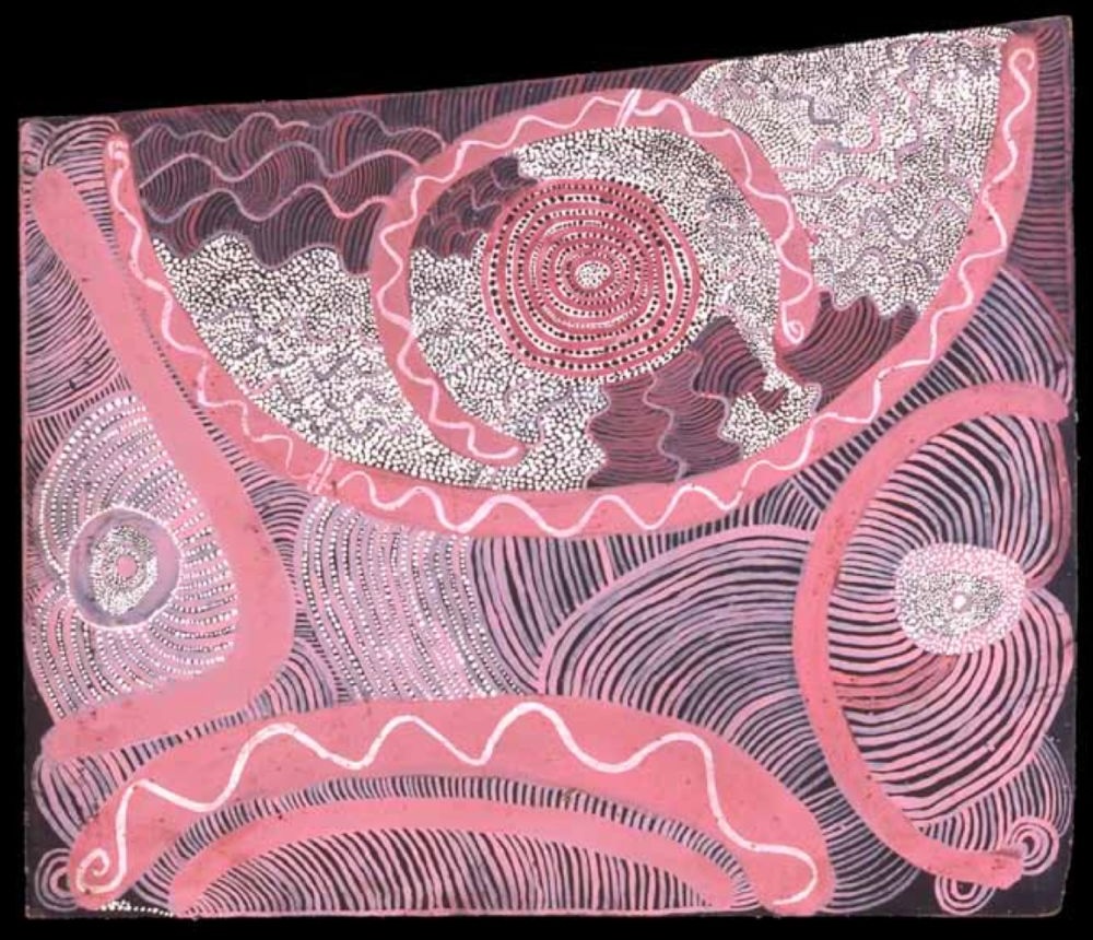 Early Papunya painting on composition board featuring concentric circles, flowing ceremonial line work, and Western Desert symbolic designs