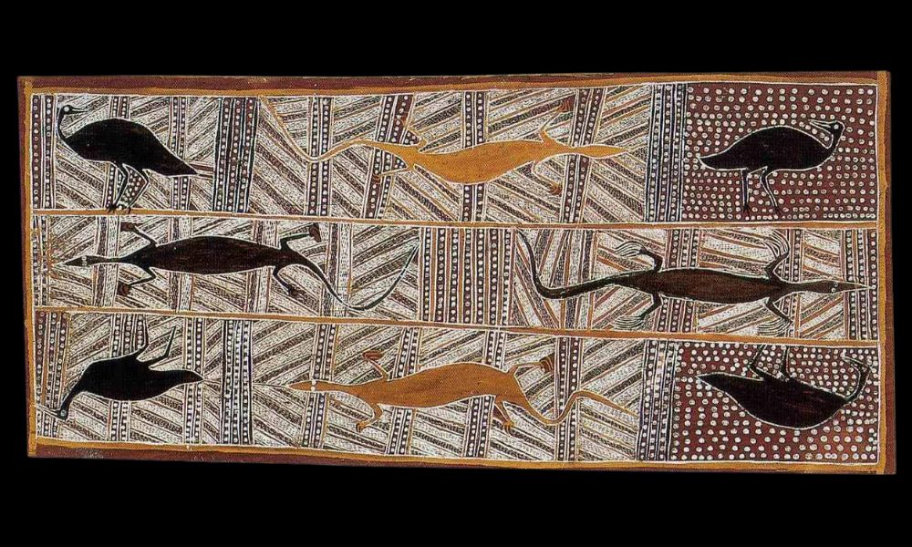 Traditional Yirrkala bark painting with Yolngu crosshatching and animal forms compared with Papunya and Western Desert Aboriginal art styles
