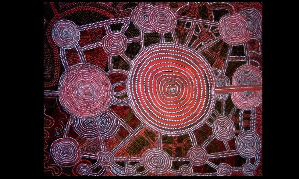 Shorty Lungkata Tjungurrayi Pintupi painting with concentric circles and interconnected ceremonial pathways