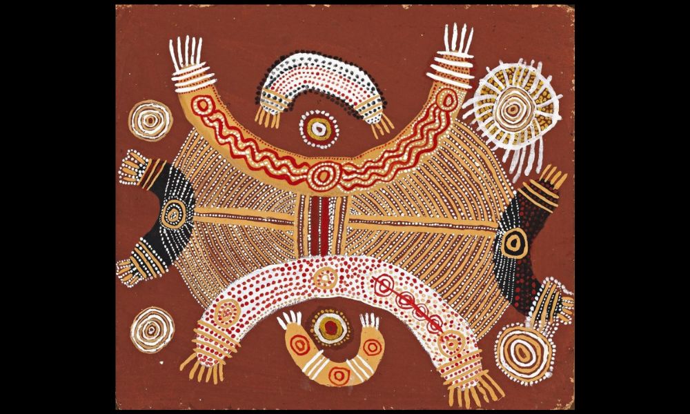 Early Papunya painting by Uta Uta Tjangala featuring ceremonial Pintupi designs, concentric circles, and flowing symbolic forms connected to Western Desert Art