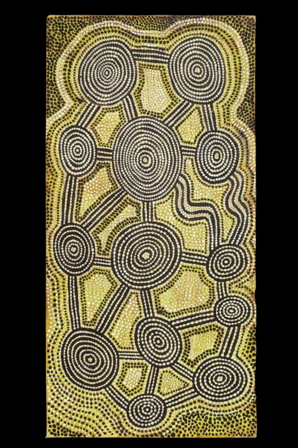 Early Tingari painting by Anatjari Tjakamarra with concentric circles and ceremonial pathway designs