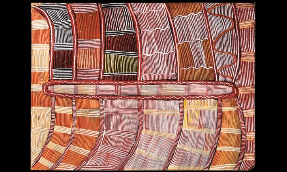 Early Western Desert painting by Mick Namarari Tjapaltjarri featuring flowing linear fields, restrained ceremonial forms, and rhythmic desert compositions