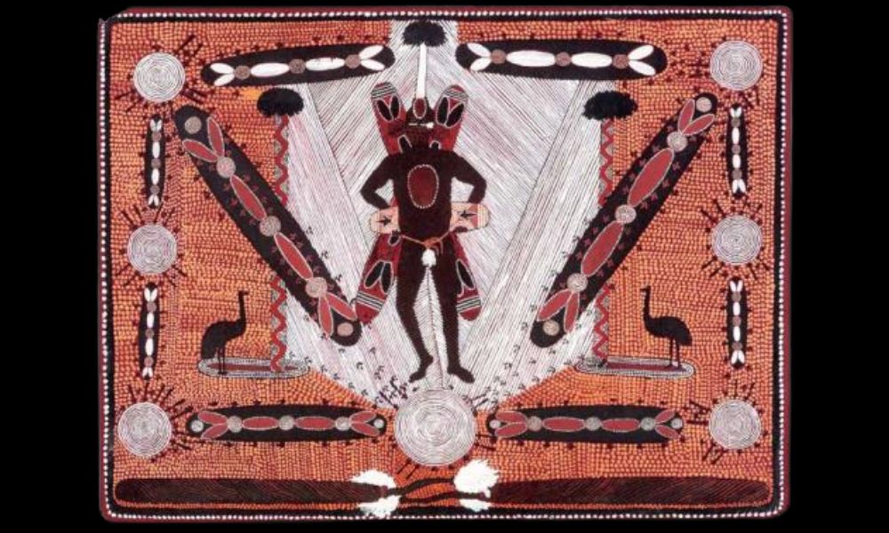Early Papunya painting by Clifford Possum Tjapaltjarri depicting ceremonial Aboriginal figure, concentric circles, and symbolic Western Desert imagery