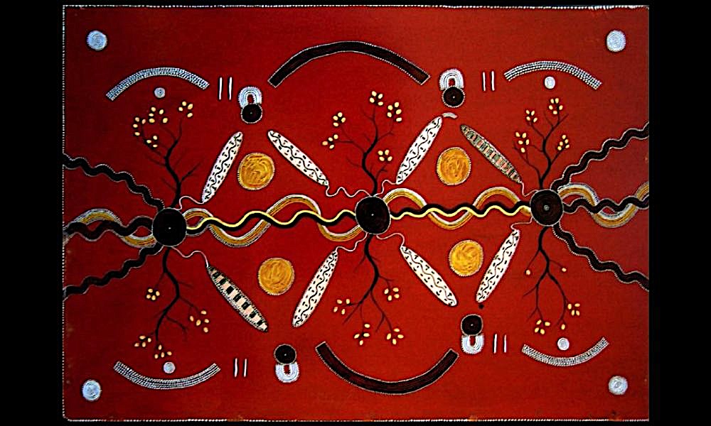 Early Western Desert painting by Kaapa Tjampitjinpa featuring symmetrical ceremonial imagery, ancestral pathways, and symbolic Papunya designs