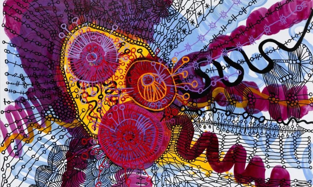 Painting by Yaritji Young combining vibrant magenta, purple, yellow, and black linear forms to evoke the ancestral landscape and spiritual presence of Kalijiri Country in the APY Lands.