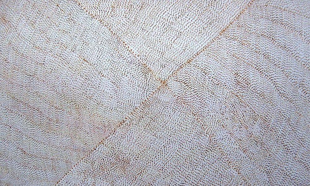 Painting by Kathleen Petyarre featuring thousands of finely applied dots forming delicate ancestral pathways and the tracks of the Mountain Devil Lizard across desert Country.